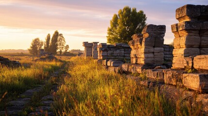 Wall Mural - serene sunset over ancient ruins with lush greenery and tranquil landscape in the background