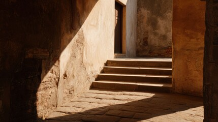 Wall Mural - sunlight streaming through a doorway illuminates stone steps in an ancient, weathered building