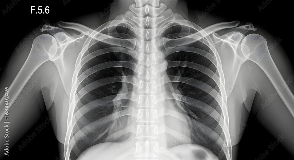 Anterior view chest X-ray showing the lungs, heart, ribs, and shoulder ...