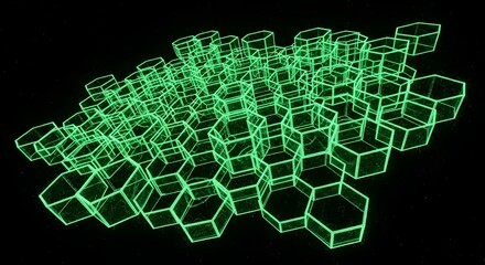 A complex, three-dimensional, glowing green hexagonal grid structure against a black background.