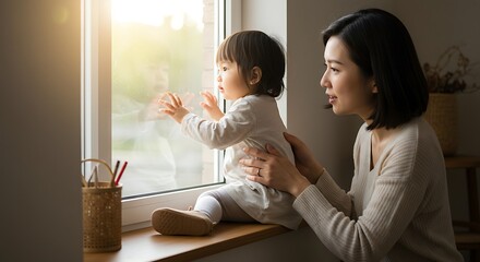 Mom and her little daughter are looking out the window. Baby sitting on the windowsill and exploring the world around us. Mom helps the child learn new things