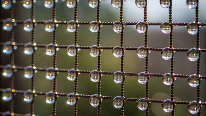 Macro View of Water Droplets on a Metal Grid Surface close-up raindrops
