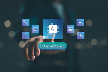 ai content generation interface with icons for text, image, video, and audio creation. futuristic co