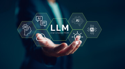 Futuristic concept of artificial intelligence and large language models (LLM) with glowing AI icons and human hand interface. Innovation in machine learning and digital transformation.