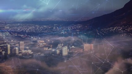 Wall Mural - animation of network of connections over cityscape