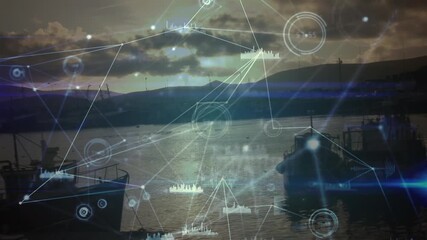 Wall Mural - animation of network of connections and data processing over landscape