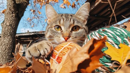 Tabby Cat Playing with Yarn in Autumn Leaves.