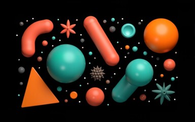 Teal Orange and Coral Geometric Objects on Black Background. High quality