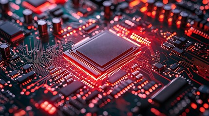 Modern printed circuit board macro with diagonal view, microchips and electronic parts, shallow focus, upper blank space for text, technology and innovation background