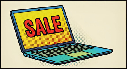 A laptop screen displaying the word sale in red with a yellow background in a comic book style image