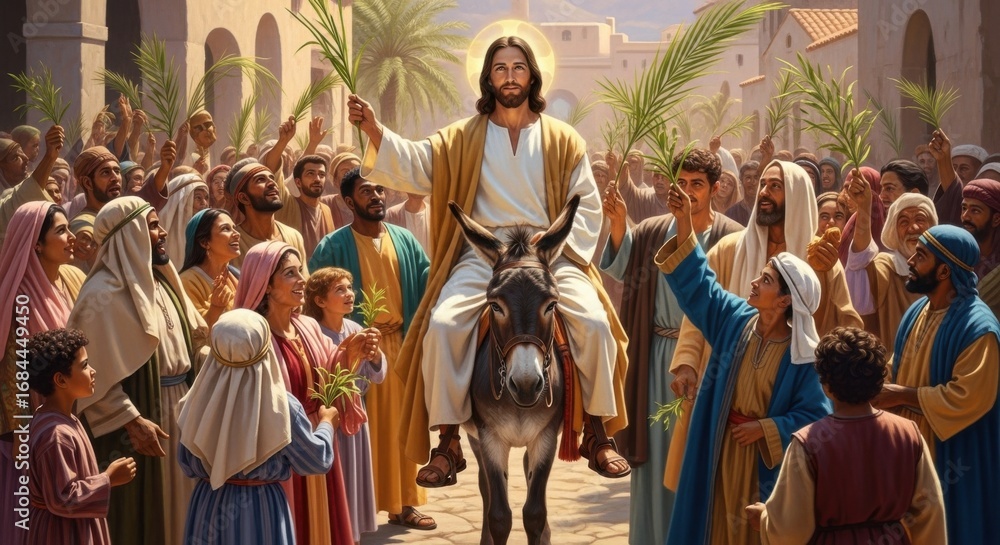 Ilustración de Stock Jesus Triumphant Entry into Jerusalem on Donkey ...