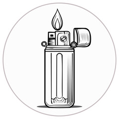 Wall Mural - Black and white illustrated lighter with a flame, inside a circle