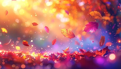 Abstract colorful background with vibrant bokeh light, shimmering particles, and floating autumn leaves creating a magical atmosphere in warm tones.