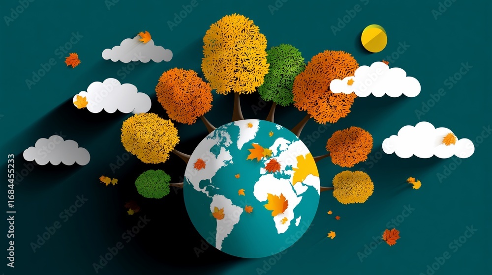 Fall Environmental Message Autumnal trees encircle a paper-style Earth, depicting seasonal change ...