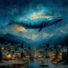 Majestic cosmic whale floats above snowy mountain town at night, blending dreamlike fantasy with serene winter scenery and glowing warm lights