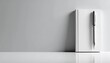 © Super Abi - A minimalist composition of a blank, white notebook and a sleek pen, resting against a plain, neutral wall, evoking notions of writing, planning, and creativity