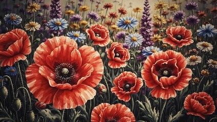 A vibrant field of poppies and wildflowers in full bloom under a soft diffused light setting