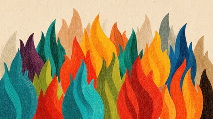 Wall Mural - Colorful flames in various shades of red, orange, yellow, green, and blue create vibrant and dynamic pattern, evoking warmth and energy in visually striking design