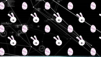 Wall Mural - animation of bunny and egg icons over network of connections on black background