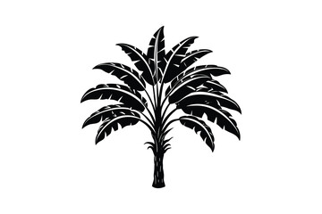 A detailed black silhouette of a stylized palm tree with lush fronds isolated on white background
