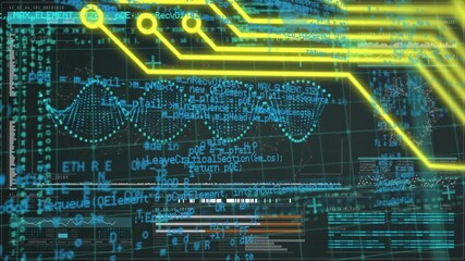 Wall Mural - animation of robot's arm, data processing over dna strand spinning