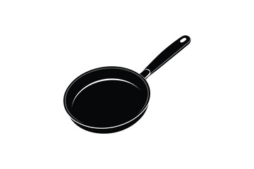 A black silhouette of a frying pan with a long handle presented in a clean minimalist style isolated on white background