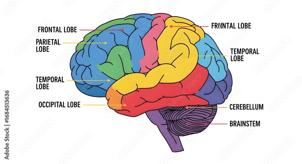 Anatomical illustration of the human brain with labeled lobes and ...