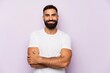 © Suni - Stock photo of handsome bearded man smiling in white t shirt with arms crossed isolated