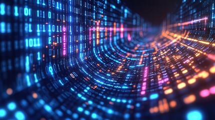 Digital Binary Code Tunnel with Neon Lights for Tech - Themed Backgrounds 