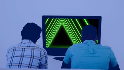 Wall Mural - composition of back of two diverse men watching tv