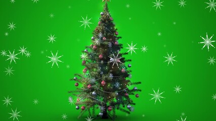Wall Mural - animation of snowflakes falling over christmas tree on green background