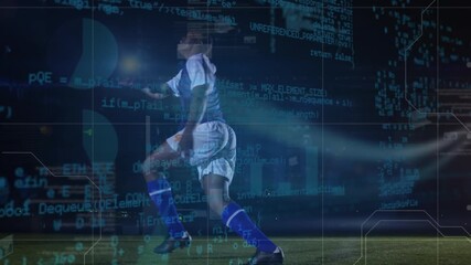 Wall Mural - animation of data processing over african american football player on football pitch