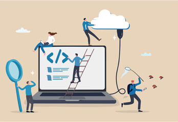 Software development, coding team, programming frontend backend framework, debugging algorithm, testing or deployment concept, young people software engineer working with online cloud computer laptop