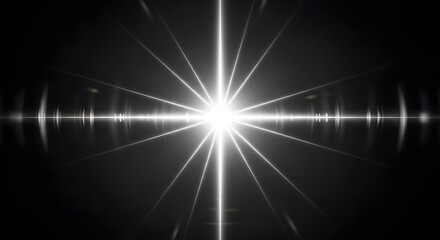Wall Mural - Bright starburst flare with lens flare and light streaks emanating from a central point on a dark background, abstract science fiction concept