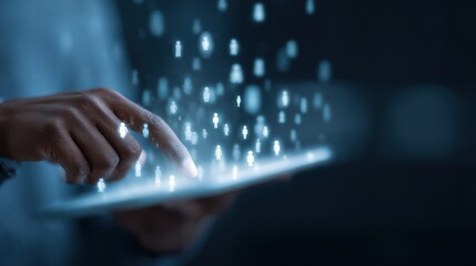 Hand using digital tablet with light code for business technology concept