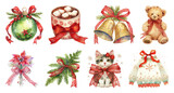 PNG Festive watercolor Christmas illustrations collection, element set on transparent background