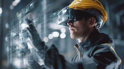 Man in yellow hardhat using vr headset interacting with futuristic interface
