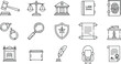 © Stock Contributor - Explore justice concepts with these essential legal icons: gavel, scales, courthouse, law book, fingerprint, handcuffs, magnifying glass, shield, scroll, inkwell, wig, and certificate.