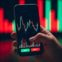 A close-up shot of a hand holding a smartphone, displaying a live stock trading app with red and green candlestick charts and prominent Buy and Sell buttons against blurred financial screen background