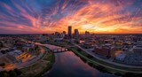 Texas Fort Worth. Aerial View of Downtown Skyline at Sunset with Trinity River Waterfront