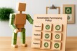 © Azka - Sustainable purchasing policy concept. Wooden figure choosing an eco-friendly supplier based on environmental criteria, representing corporate social responsibility (CSR) and green procurement.
