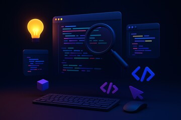 Creative software development concept. 3D illustration of a coding environment with code editor, debugging tools (magnifying glass), and innovation symbol (lightbulb) on a dark background.