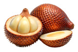 Salak fruit composition isolated on transparent background featuring whole, halved, and peeled snake fruit