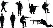 © Shahariar's World - Silhouette Set of Soldiers in Tactical Action, Aiming, Saluting, Standing, Kneeling, and Rappelling with Rifles and Machine Guns
