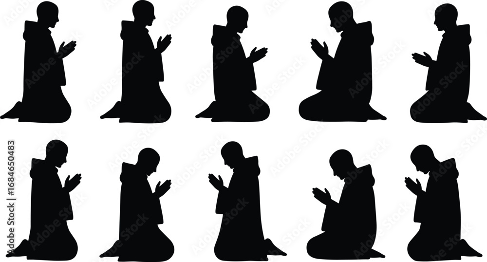 Silhouettes of a person kneeling and praying in religious devotion ...