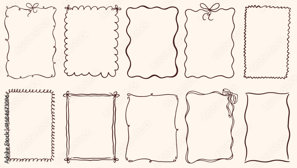 Hand drawn vintage frames with wavy lines, bows and ribbons. Trendy ...