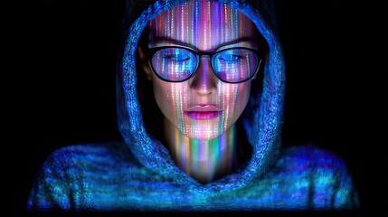 Cybersecurity analyst investigating potential data concept. A focused individual in a hoodie, immersed in digital data streams.