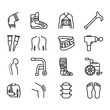 © riky - Trauma and orthopedic rehabilitation line icon set. Thin line style vectors. Contains icons such as crutches, neck braces, knee braces, and more.