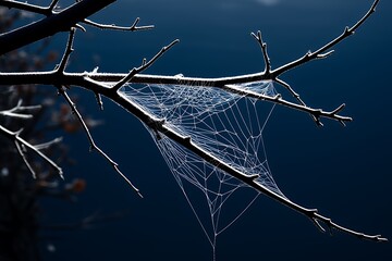 ** Dew-Covered Spiderweb on Winter Branches