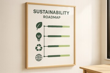 Sustainability roadmap poster with eco icons and progress bars in wooden frame on light wall background in modern office environment interior scene. Ai generative
